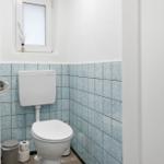 Toilet area with blue tiles and window