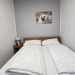 Schlafzimmer mit Doppelbett, Nachttisch und Wandbild eines Seehundes.