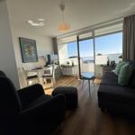 Wohnzimmer mit Sofa, Sessel und Balkonansicht. Holzboden und große Fenster.