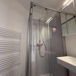 Duschbereich mit Glaswand, Waschbecken und Heizkörper an der Wand.