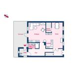 Wohnung mit Küche, Esszimmer, Wohnbereich, Bad und Terrasse.