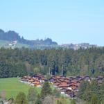 Wohngebiet mit Holzhäusern, umgeben von Wald und Hügeln unter blauem Himmel.