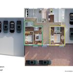 Floor plan shows two apartments with parking spaces and kitchen areas.