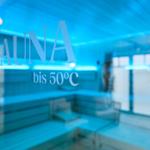 Bio-Sauna bis 50C mit Holzbank und blauer Beleuchtung.