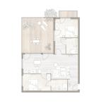 Dieses Apartment hat eine Küche, ein Wohnzimmer, ein Bad und einen Balkon mit Pflanzen.