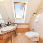 Badezimmer mit Dusche, Toilette und Waschbecken unter Dachfenstern.