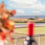 Blick auf Feld und See mit unscharfem Blumenstrauß im Vordergrund.