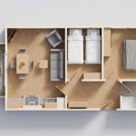 Wohnung mit Schlafzimmer, Küche und Bad. Außenbereich mit Tisch und Sonnenschirm.