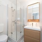 Badezimmer mit Dusche, Waschbecken und Toilette. Holzwaschtisch und Spiegelschrank.