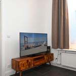 TV auf Holzboard, Fenster mit Jalousie und Vorhang, Heizkörper unter Fenster.