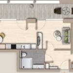 Dieses Apartment verfügt über eine Küche, ein Wohnzimmer, ein Schlafzimmer und eine Toilette.