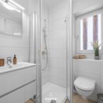Badezimmer mit Dusche, Waschbecken und Toilette. Fenster mit Pflanze.