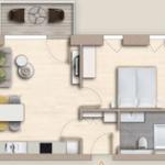 Dieses Apartment hat eine Küche, ein Schlafzimmer, ein Bad und einen Essbereich.