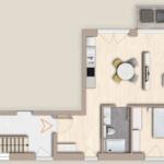 Wohnung mit Küche, Essbereich, Schlafzimmer und Bad. Treppenhaus führt nach oben.