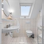 Badezimmer mit Waschbecken, Toilette und Dusche unter Dach