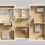Zwei Schlafzimmer, eine Küche, ein Bad und eine Treppe sind im Grundriss zu sehen.