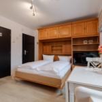 Schlafzimmer mit Bett, Küchenzeile und TV. Fenster mit Blumen und Weinflasche.