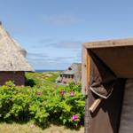 Dachhütte mit Blick auf das Meer und Blumenbeet