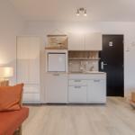 Wohnung mit Schlafzimmer, Küchenzeile und Sofa.