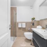 Badezimmer mit Dusche, Toilette und Waschbecken mit Spiegelschrank.
