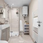 Badezimmer mit Dusche, Waschbecken und Heizung. Handtuchhalter und kleine Schränke sind sichtbar.