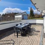 Terrasse mit Tisch und Stühlen, Blick auf Garten und Garage.
