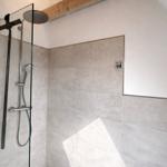 Dusche mit Glaswand, Duschbrause und Handbrause. Wandfliesen und Holzbalken sichtbar.