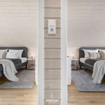 Zwei Schlafzimmer mit Betten, Nachttischen und Holzwänden.