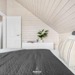Schlafzimmer mit Bett, Schrank und Pflanze an der Wand.
