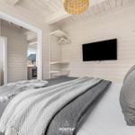 Schlafzimmer mit Bett, Wandfernseher und Holzwandverkleidung.