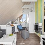 Living area with sofa, coffee table, and fireplace. Wooden ceiling and window with view.