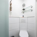 Dusche mit Toilette, Glasregalen und Spiegel an der Wand.