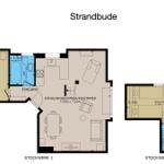 Beach hut with two floors, kitchen, bedrooms, and bathroom.