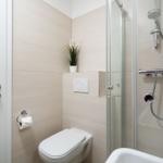 Bathroom with shower, toilet, and plant on the wall.