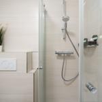 Shower with glass enclosure, showerhead, and handheld shower. Toilet with seat. Plant on the edge.