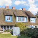 Haus mit strohgedecktem Dach und blauen Fenstern im Garten