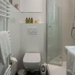 Badezimmer mit Dusche, Toilette und Waschbecken. Handtuchhalter und Duschdusche sind vorhanden.