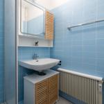 Bathroom with blue tiles, sink, and mirror cabinet.