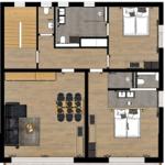 Die Wohnung hat zwei Schlafzimmer, eine Küche, ein Bad und eine Wohnküche mit Esstisch.