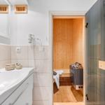Bad mit Dusche, Waschbecken und Sauna im Hintergrund.