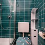 Badezimmer mit Dusche, WC und Regal an grünen Fliesen.