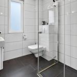Badezimmer mit Dusche, Toilette und Fenster. Weiße Wände, dunkler Boden.