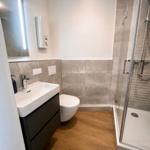 Badezimmer mit Dusche, Waschbecken und Toilette. Holzboden und graue Fliesen.
