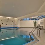 Innere Schwimmhalle mit Pool, Holzbank und Pflanze. Deckenfenster und Bodenfliesen.