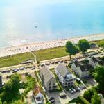 Aerial view of beach with rows of sun loungers, coastal road, and residential buildings.