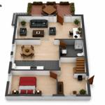 Erdgeschoss mit Wohnbereich, Küche, Schlafzimmer und Balkon.