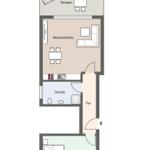Wohnung mit Terrasse, Wohnküche, Schlafzimmer und Dusche.
