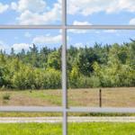 Durch das Fenster ist ein Feld mit Gras und Bäumen im Hintergrund zu sehen.