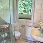 Bathroom with shower, toilet, and sink. Window with view of trees.