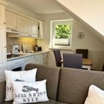 Living area with kitchen, dining table, and sofa under sloped ceilings.